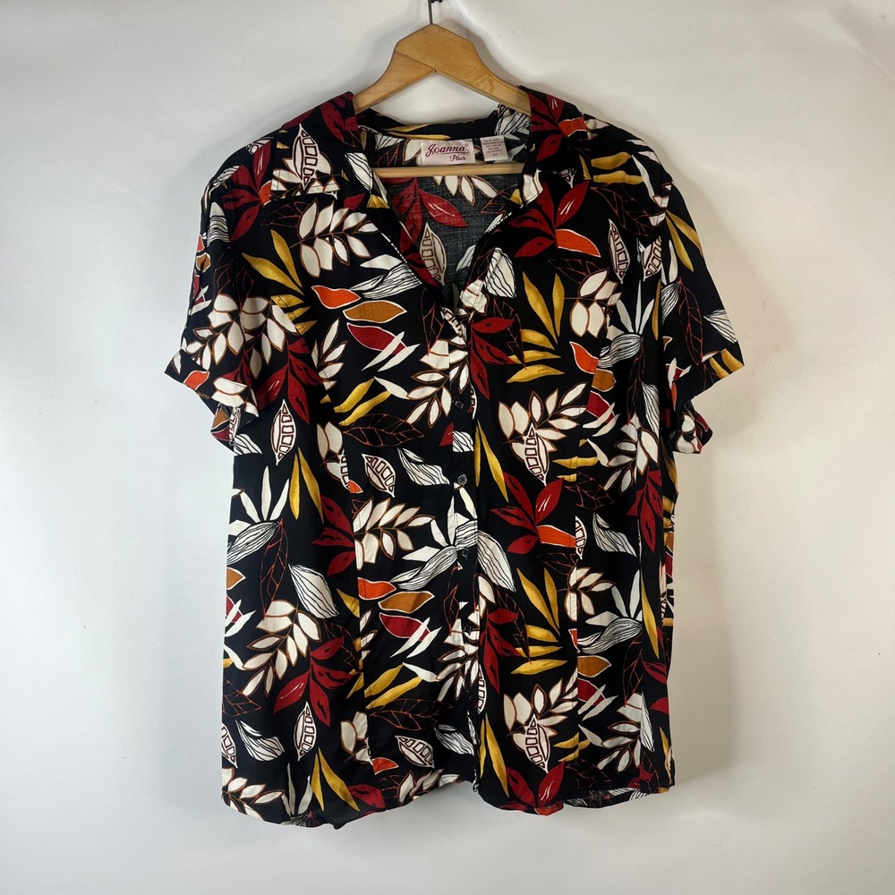 Joanna Plus Button Up Shirt Women 2X Black Red Tropical Leaf Rayon Short Sleeve